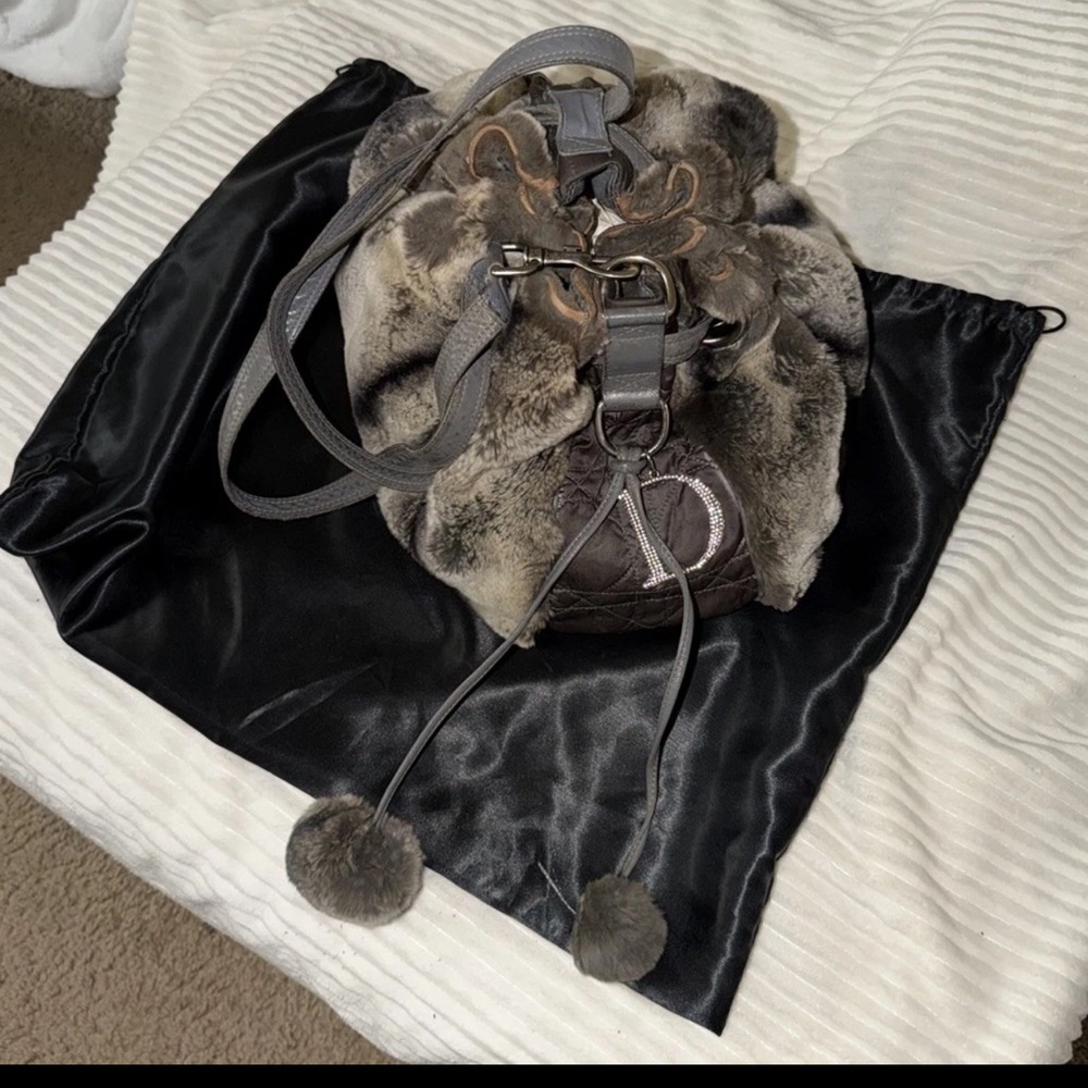 Dior Gray Chinchilla Fur Tonal Drawstring Bucket Bag with Leather Handles Large